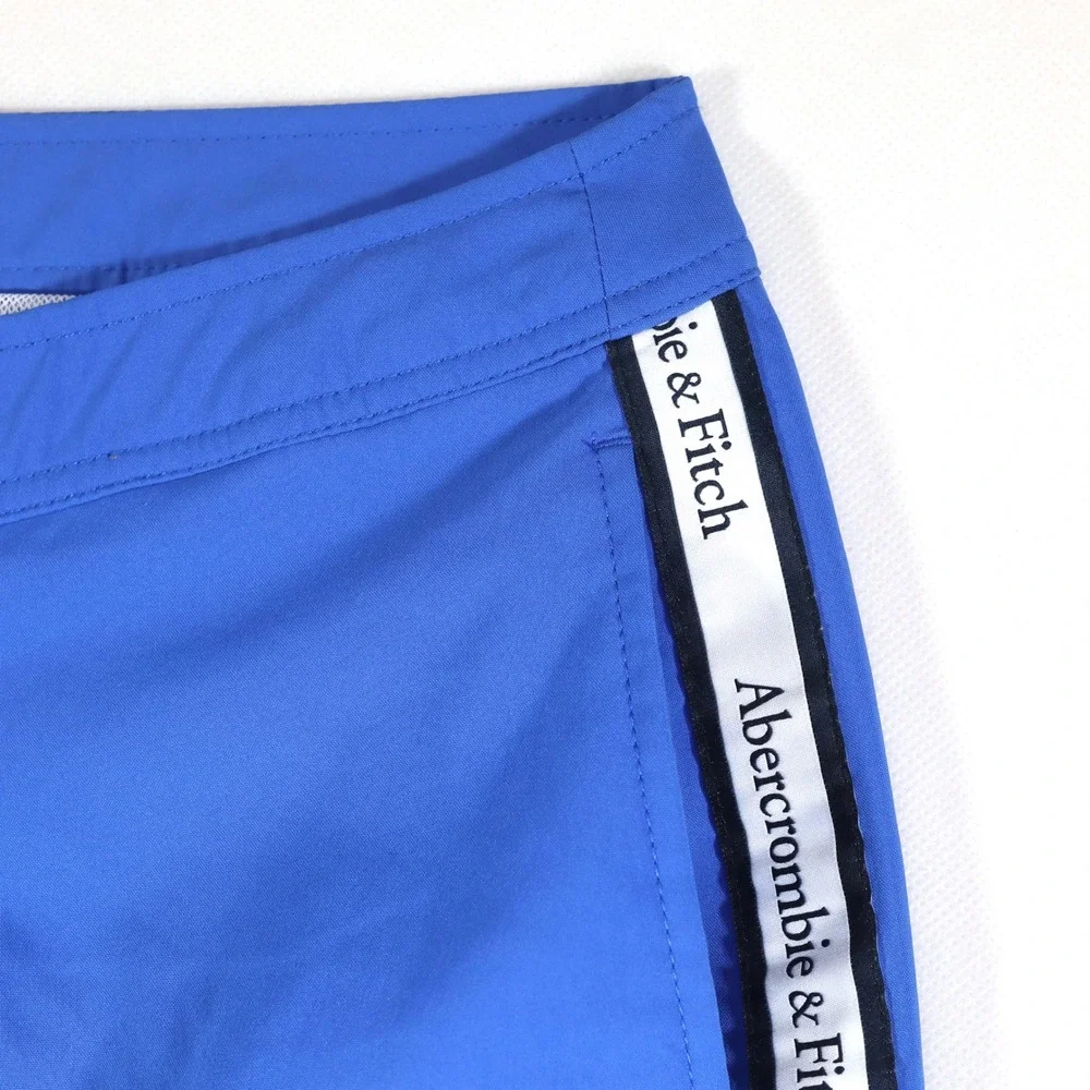 Abercrombie & Fitch Board Shorts Mens 30 Blue Logo Tape Stretch Swim Trunks EUC‎